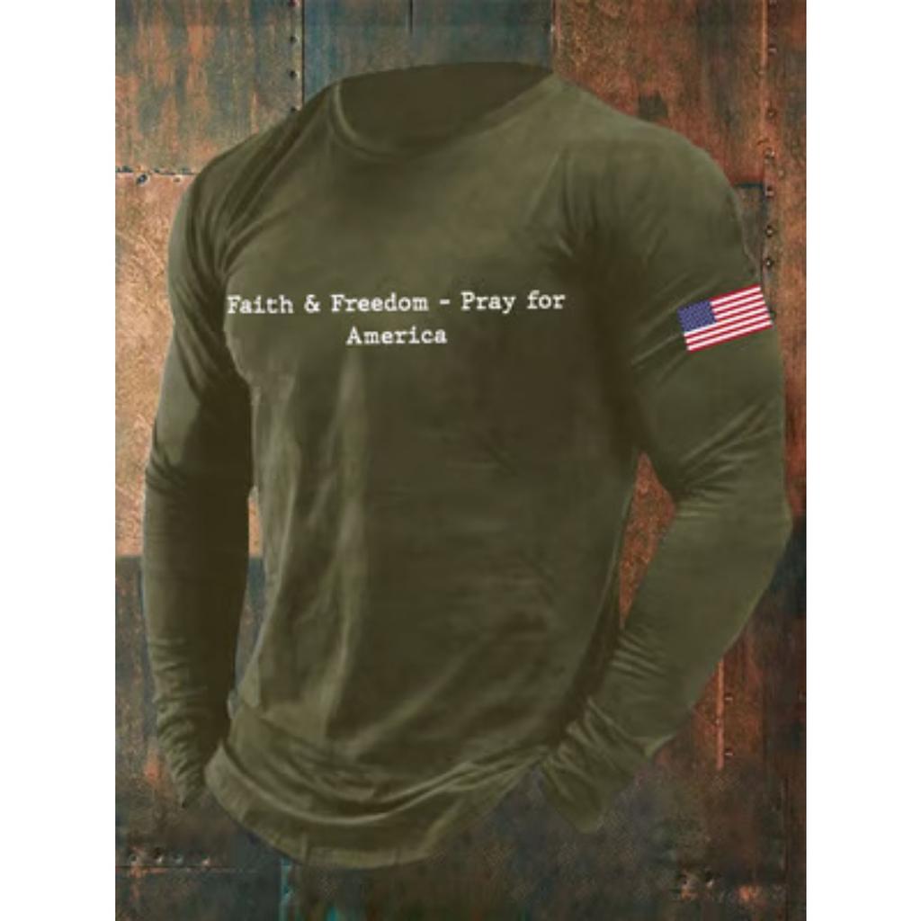 Spring and Autumn Round Neck American Flag Pattern 3D Printed Top Fashionable Casual Minimalist Long Sleeved Men's T-shirts