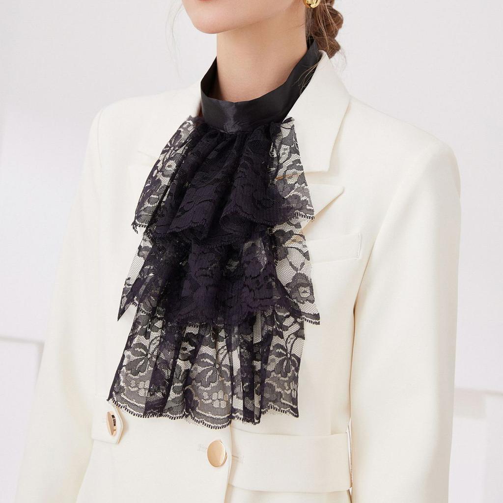 Classical Ruffled Lace Jabot Collar Halloween Dressingup Neckpiece Detachable Collar for Historical Stage Performances