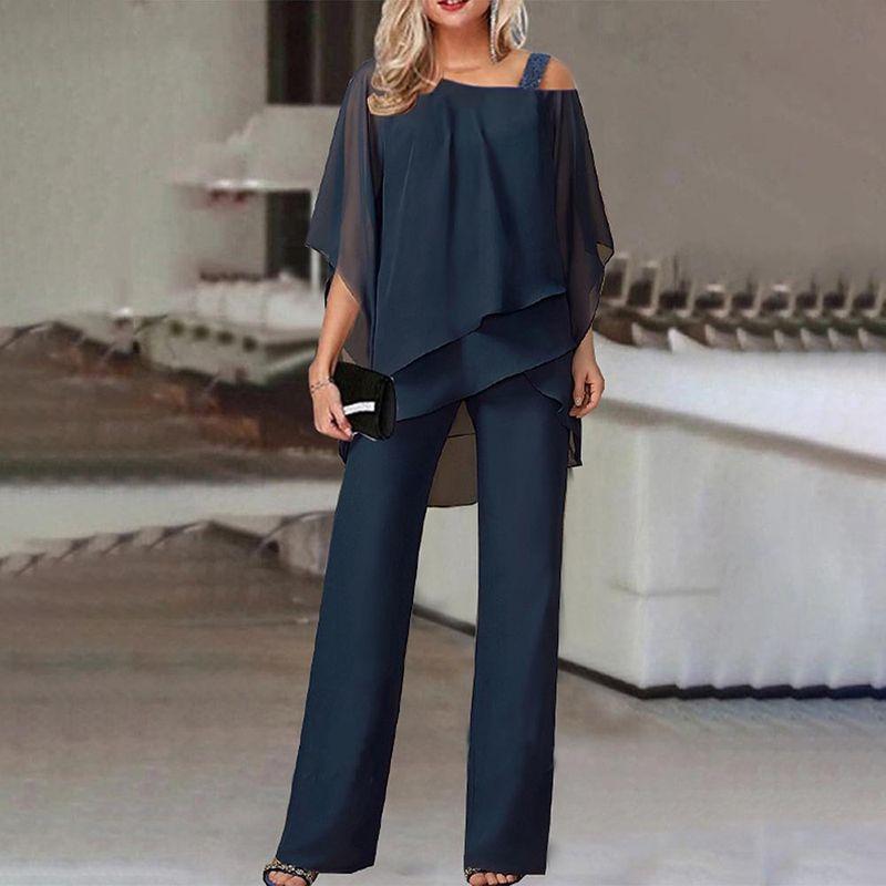 

Irregular Top Solid Color Pants Set Irregular Top Pure Color Pants Suit Navy blue L