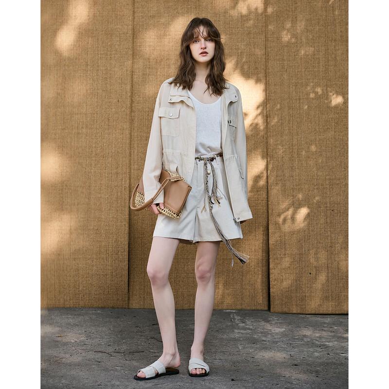 Demana Linen Blend Stand Collar Drawstring Waist Jacket