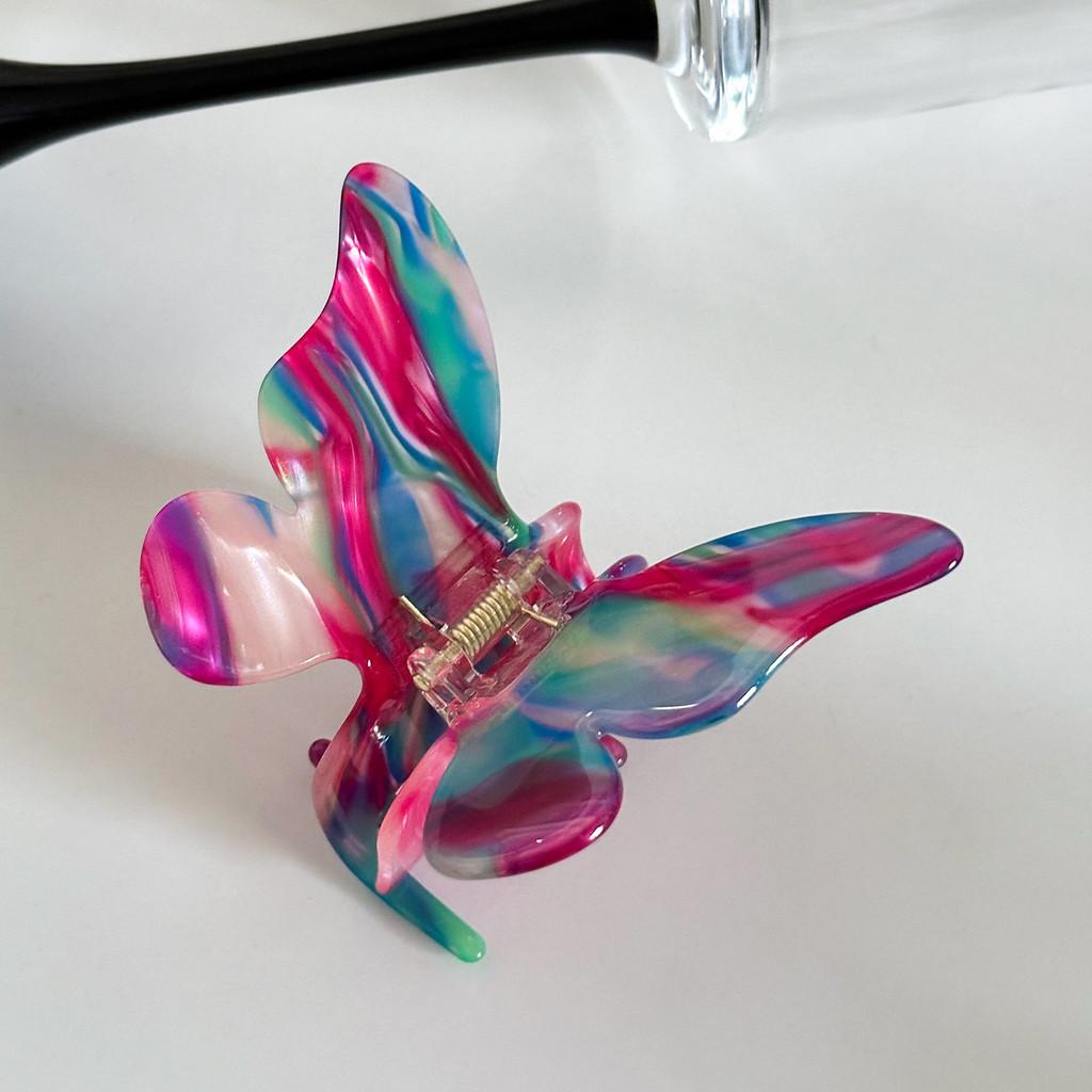 Elegant Butterfly Acetate Hair Claw Clip For Stylish Women In Marble Blue And Rainbow Colors