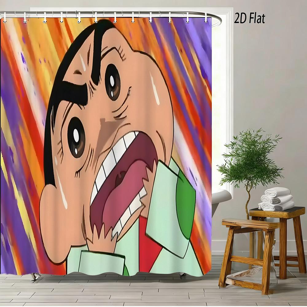 Crayon Shin-Chan & Himawari & Shiro & Leopard & Rooster Jungle Adventure Scene 2D Print Waterproof Shower Curtain, Bright Green