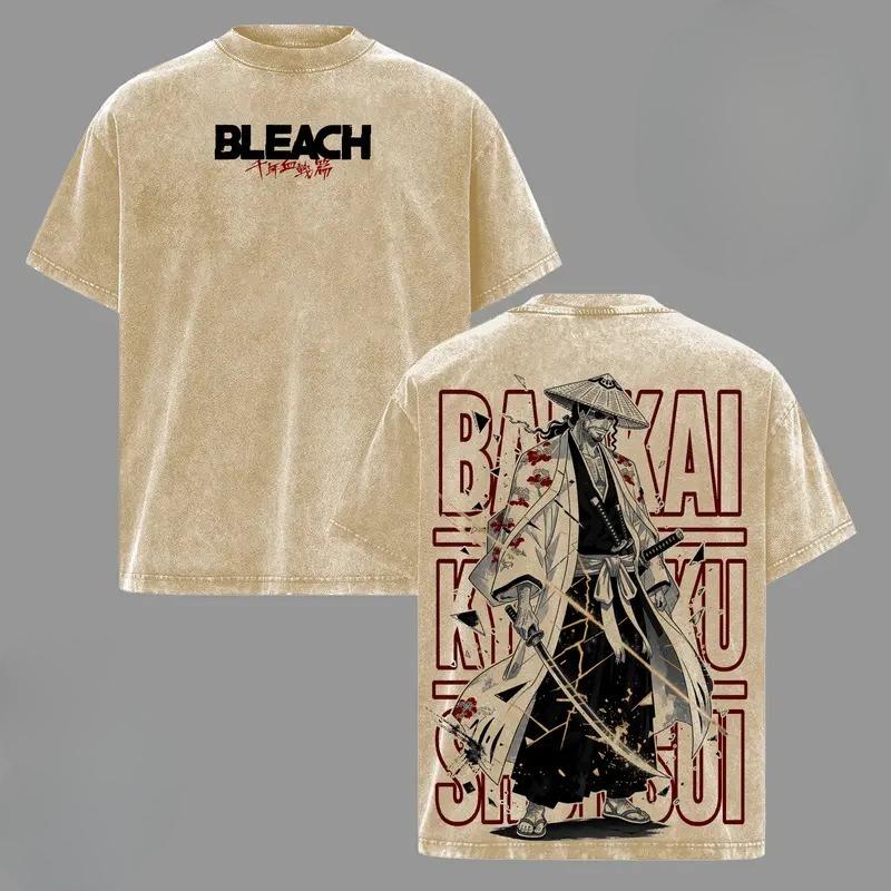 Anime BLEACH Kyoraku Shunsui Printed Tee Men Women Cotton Tshirts Vintage Washed T-shirt Harajuku Unisex Oversized T Shirt S бежевый