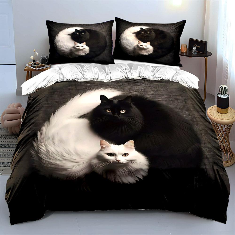 Black and White Cat Decor Soft Skin-Friendly Bedding Set Includes 1 Duvet Cover And 2 Pillowcase Gift
