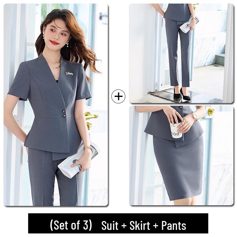 Elegant Women's Short Sleeve Suit Set - Professional Goddess Style Workwear for Jewelry Stores & Hotels