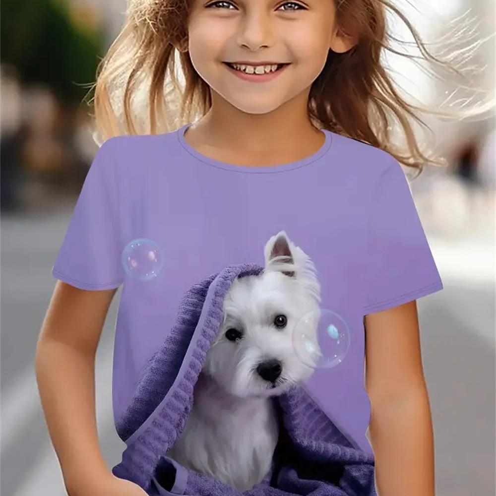 

Новые забавные футболки с изображением животных и собак для девочек, праздничные футболки с короткими рукавами, повседневные футболки 130