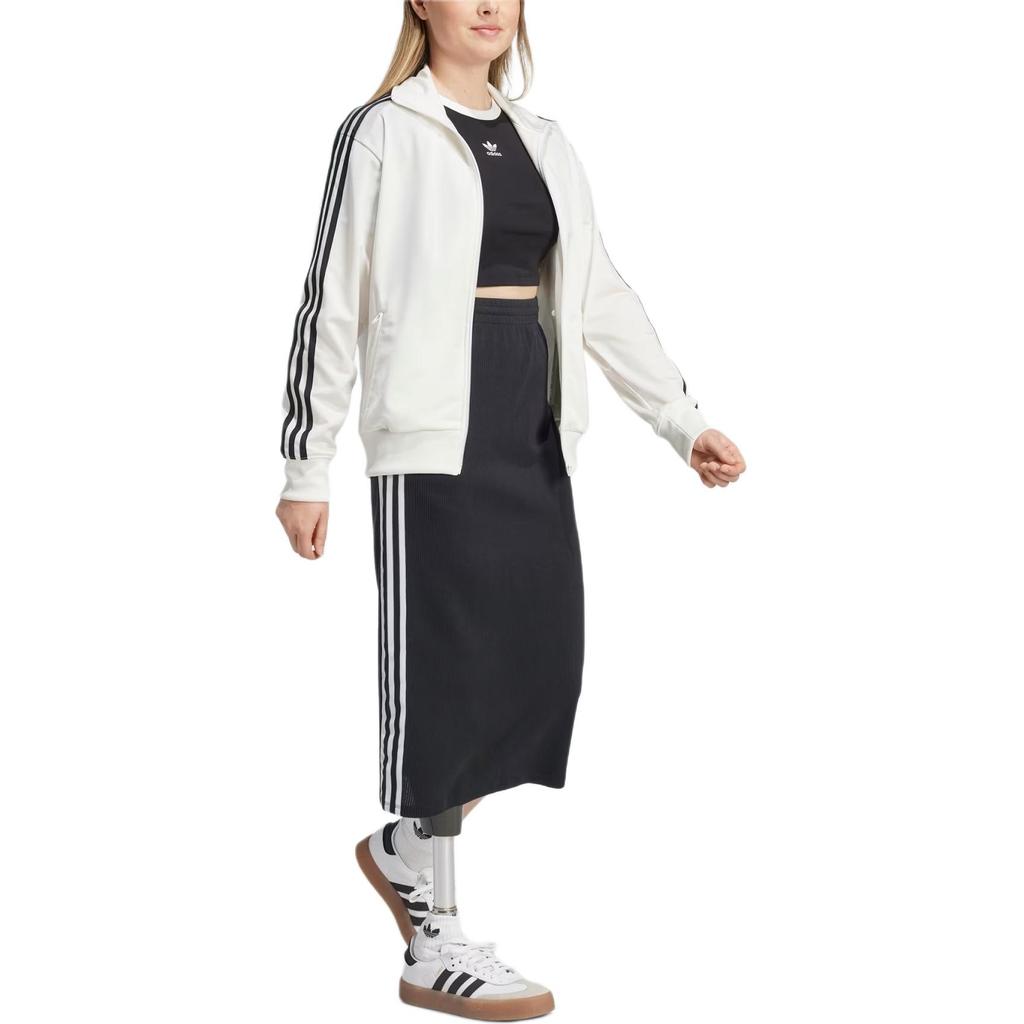 adidas Originals Adicolor Firebird Track Logo Print Striped Loose Fit Stand Collar Long Sleeve Jacket Women Jackets White JF6547