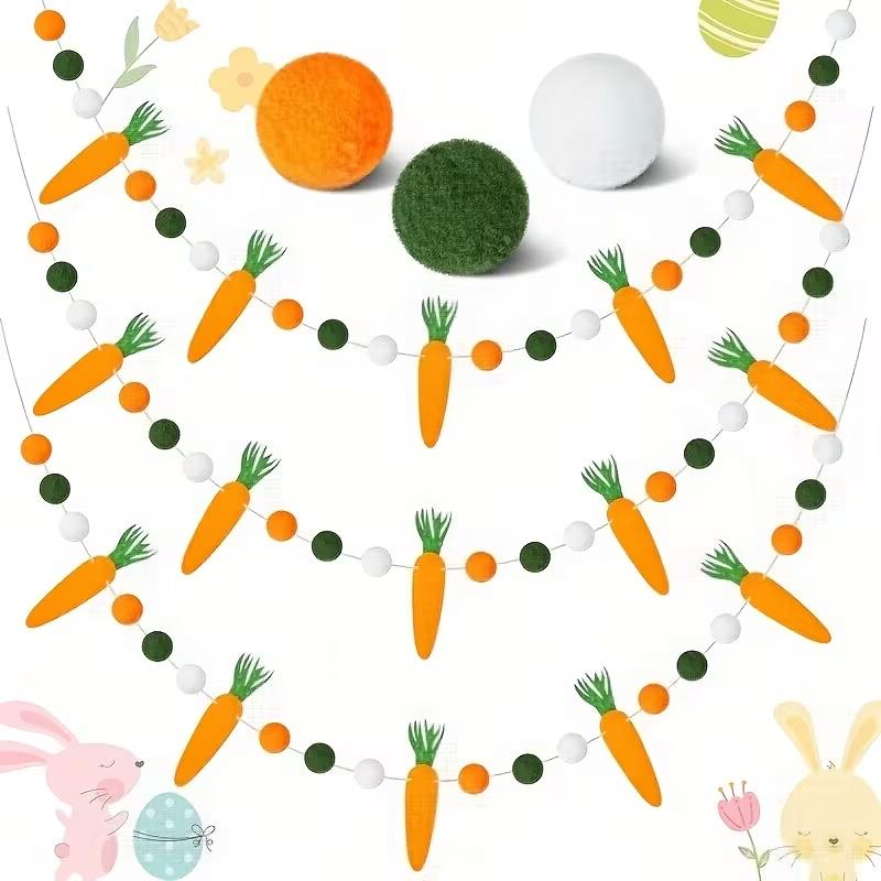 1/3Set Easter Carrot Pompom Ball Banner for Easter Party Home Decoration Hanging Garland Bunting Flag Kids Birthday Party Decor