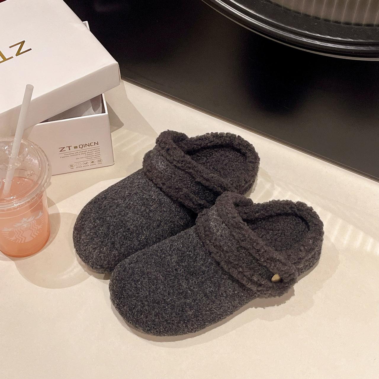 

Thick-soled two wear gray woolen plush women s autumn and winter new Mao Mao shoes, head cotton slippers, outer wear 40 серый