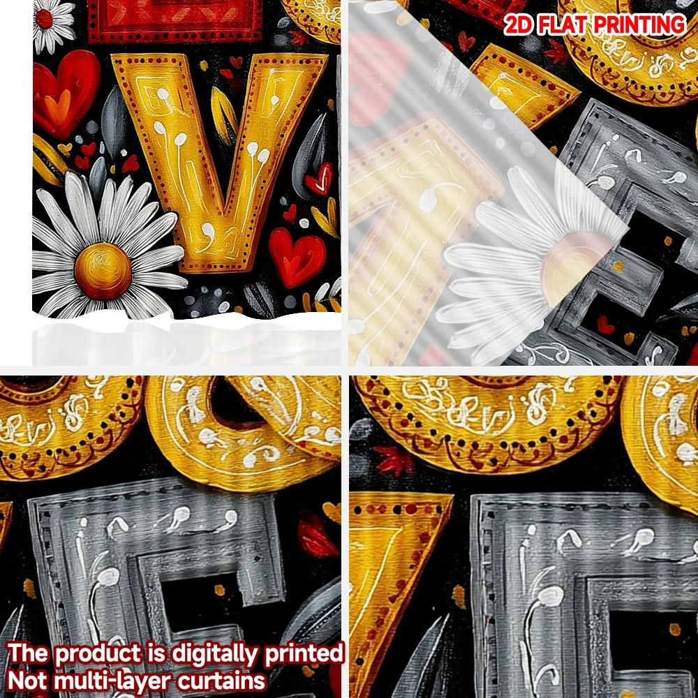 2pcs LOVE Floral Curtains    3D Embossed Letters with Daisies Hearts On Black Background for Romantic Bedroom Decor