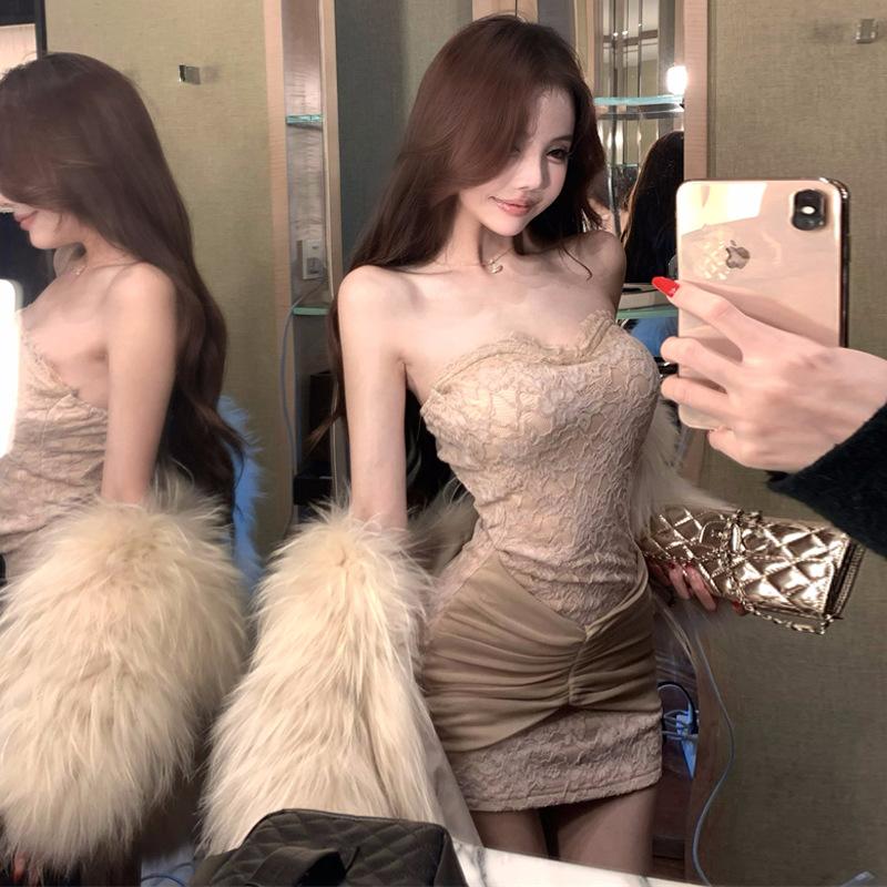 

2025 мода новий жіночий одяг чисте бажання Spice Girl мереживна вставка сукня-топ-труба M хакі