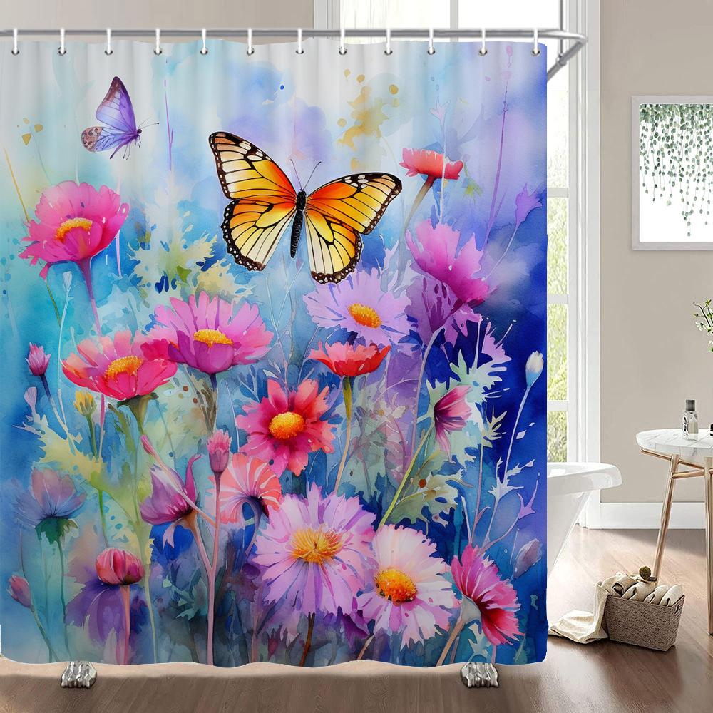 1 pack of print shower curtains Watercolor flowers, plants and butterflies bathroom curtain with hooks home decoration curtain