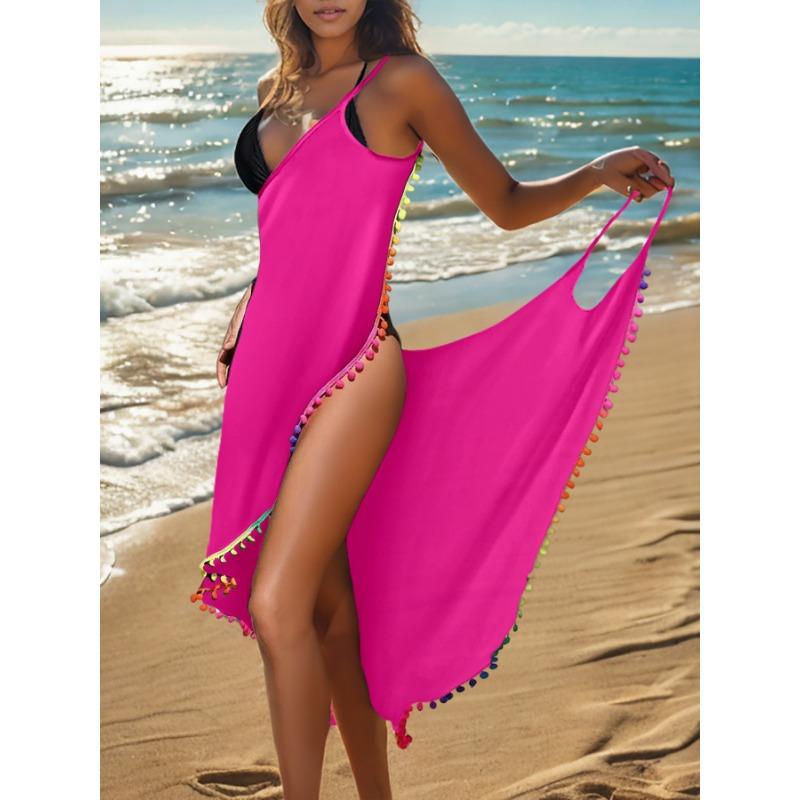 Women's Rainbow Pom Pom Trim Cover Up Dress Black Wrap Mermaid Beach Dress