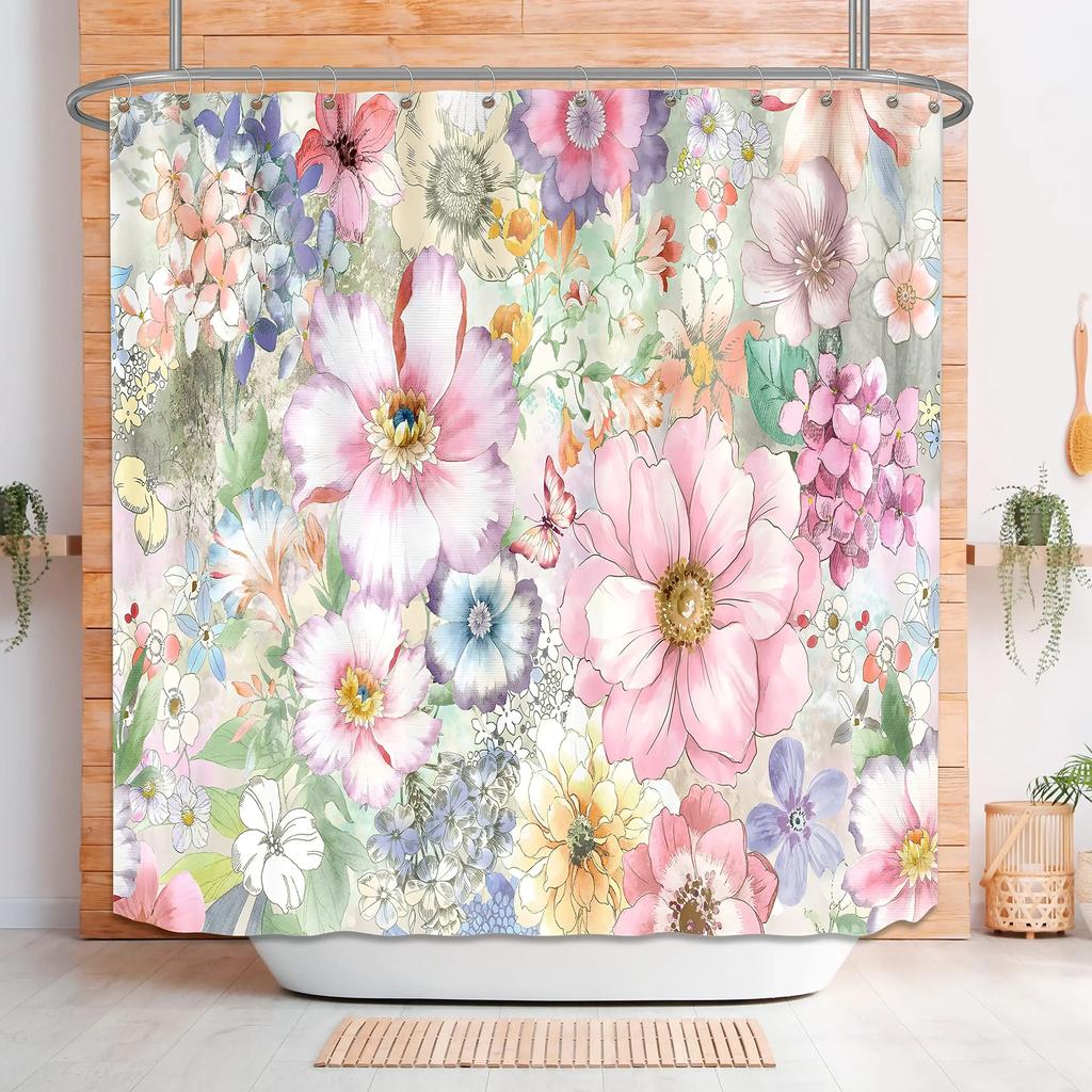 Floral Shower Curtains for Bathroom Pink Plant Flowers Watercolor Butterfly Wildflower Botanical Bathroom Curtain Set,Waterproof