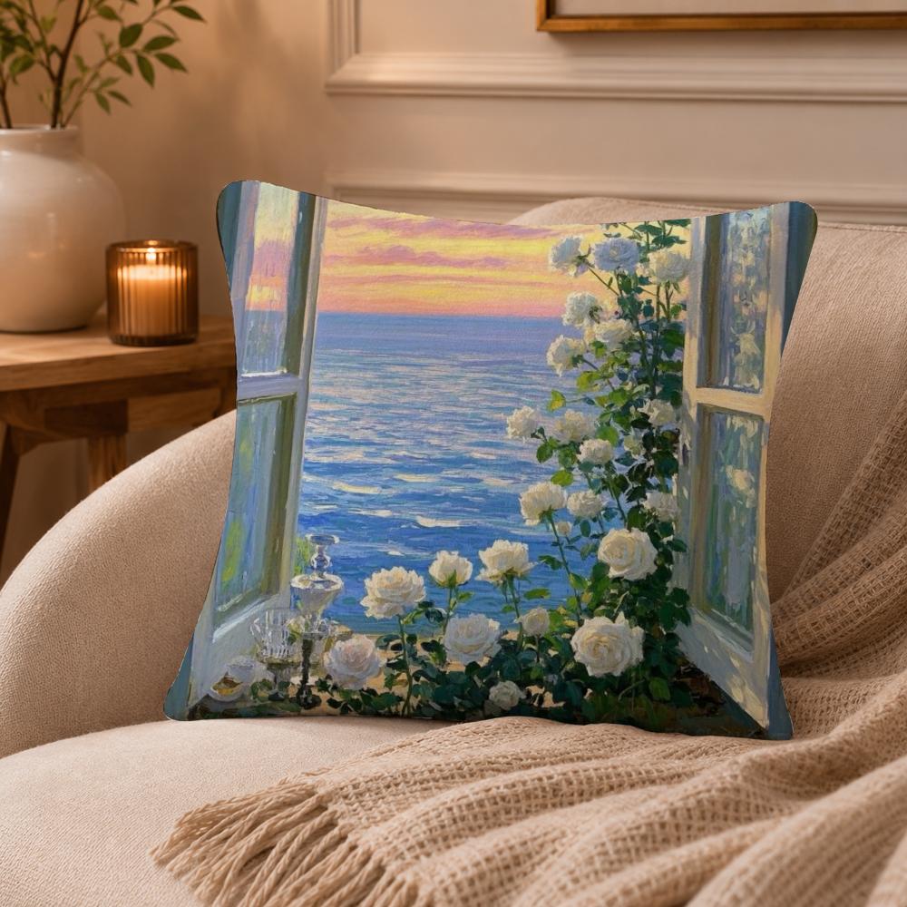 Landscape painting style Cushion Cover Anti-dustmite Pillowcase Invisible zipper silky short plush Sofa cushion cover
