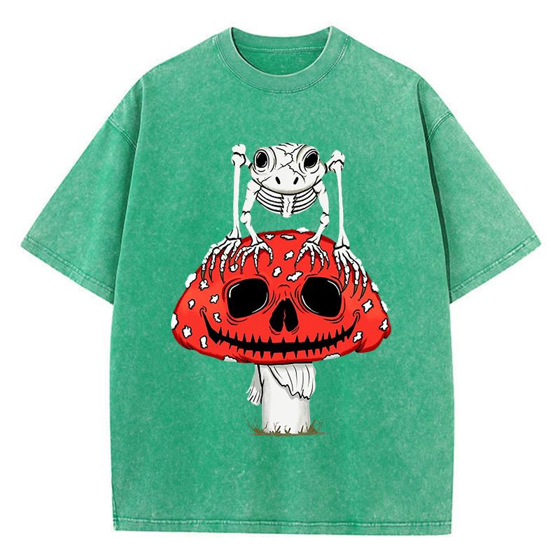 Cottagecore Mushrooms Skeleton Frog Print Women Washed T Shirt Summer Cotton T-Shirt Casual O-Neck Clothes