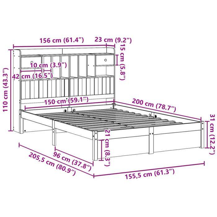 VidaXL Lit bibliothèque sans matelas blanc 150x200 cm bois pin massif 3322422