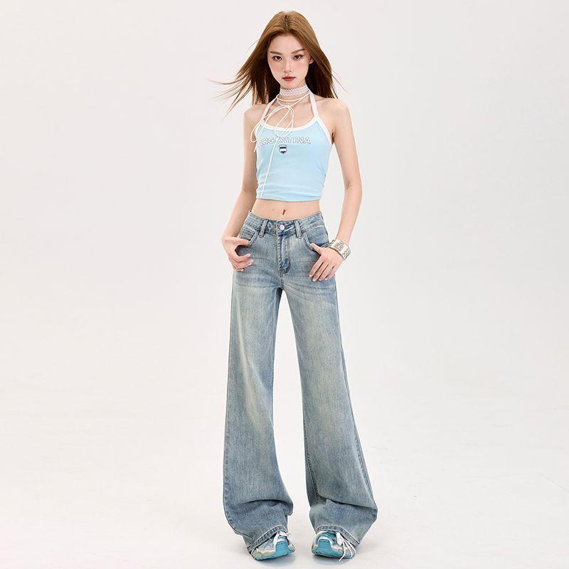 Spring Summer Light Blue Low Waist Micro Flare Denim Pants For Women Casual Pants Oversize Denim Trousers