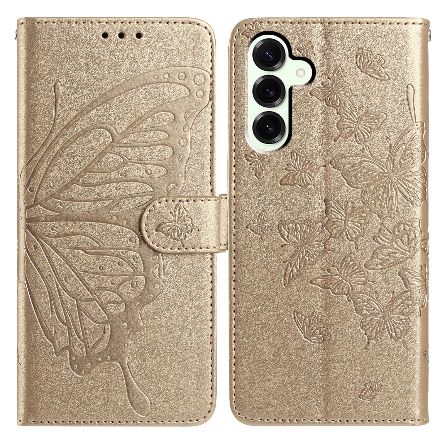 

For Samsung Galaxy S25 FE Case Butterfly Imprinted Wallet Stand PU Leather Flip Phone Cover with Strap Gold