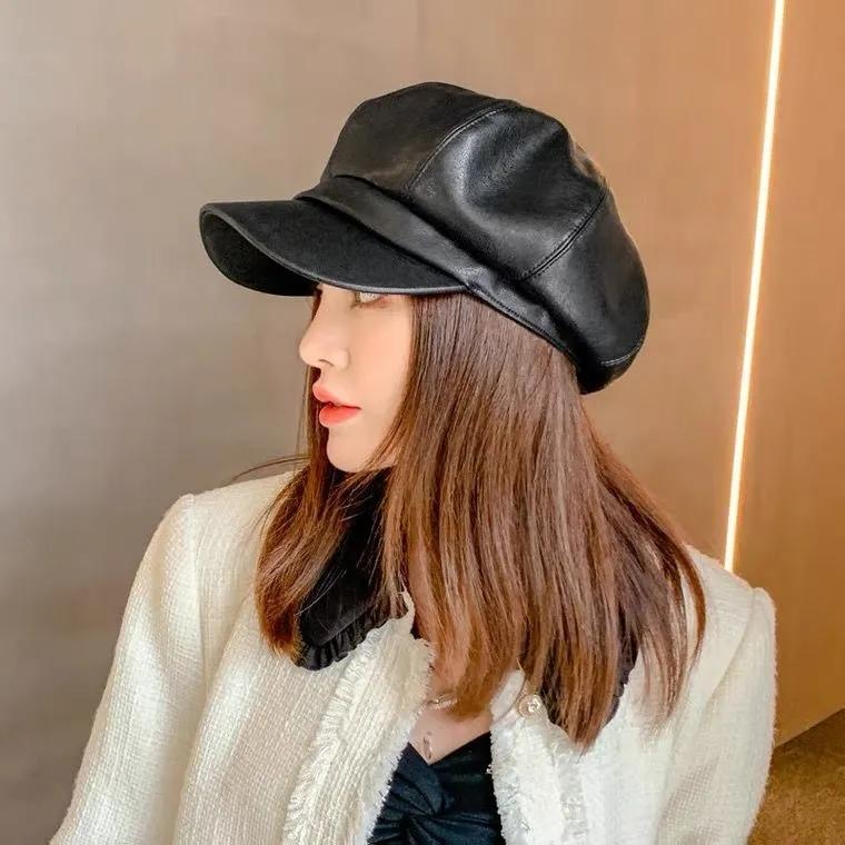 Women  PU Leather Octagonal Cap Duck Tongue Korean Version Tide Spring and Autumn Retro British Style Hat Female Wild Beret