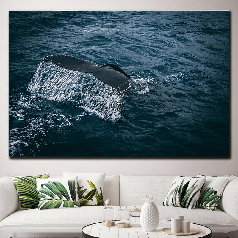 Natural Blue Whale Fish Tail Canvas Painting Wall Art Seascape Animal Killer Whale Posters and Prints for Living Room Home Decor