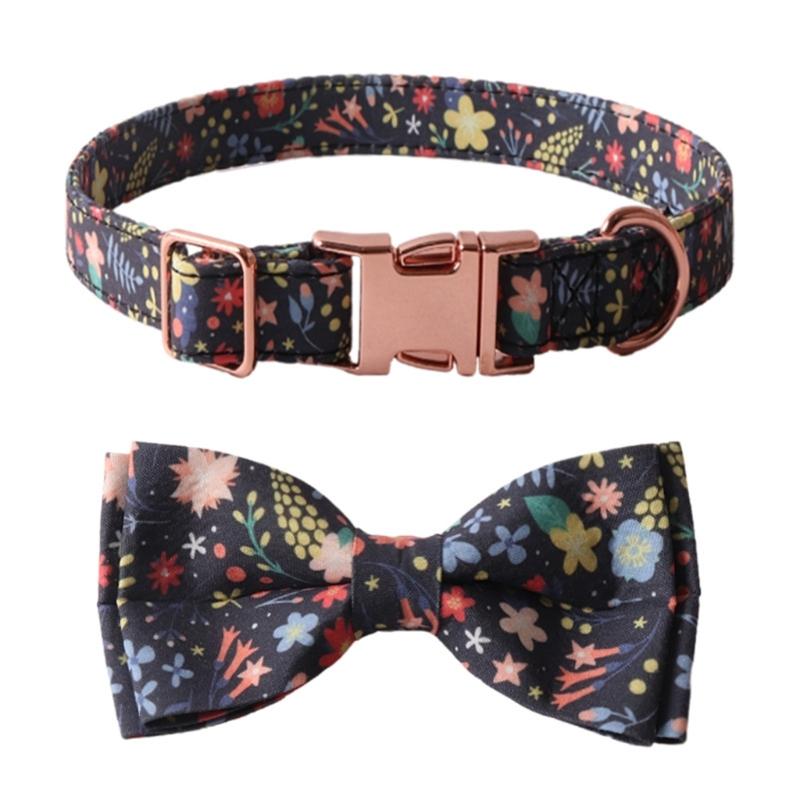 Fashion Dog Collar+Leash+Necktie Set Completes with Colorful Floral Print Bow Perfect for Pets Outstanding in the Crowd