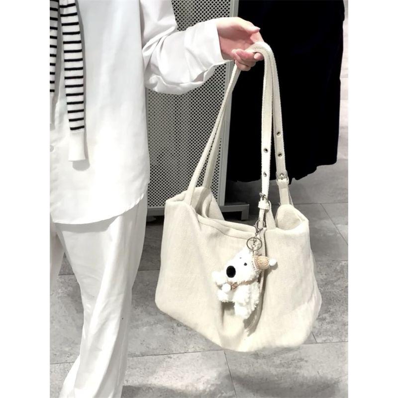 

Korean Series Idle Style Twill Canvas Bag Women Niche Commuter Tote Large Bag Simple Artistic Style Shoulder Messenger Bag Beige White