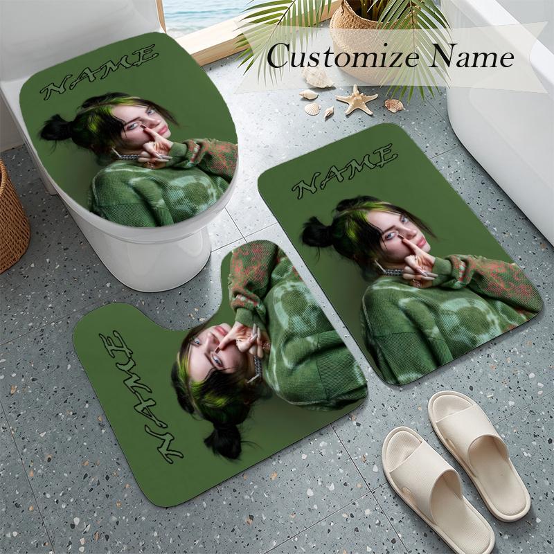 Billie eilish (5) Custom name Flannel Toilet 3 Piece Set Soft Bathroom Rug Toilet Seat Cover for Bathroom Home Decor