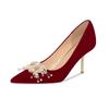 Red Pointed Shallow Mouth High Heels  Suede Women's Stiletto Heel Bridal Shoes Soft Comfort Solid Pearl Wedding Single Shoes