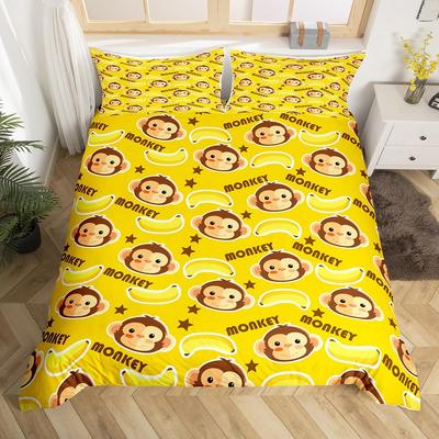 Niedliches Affen-Bettwäscheset, Doppelbett, Cartoon, Bananensterne, Bettbezug, tropische Wildtiere, Obst, Bettbezug, gelber Bettbezug