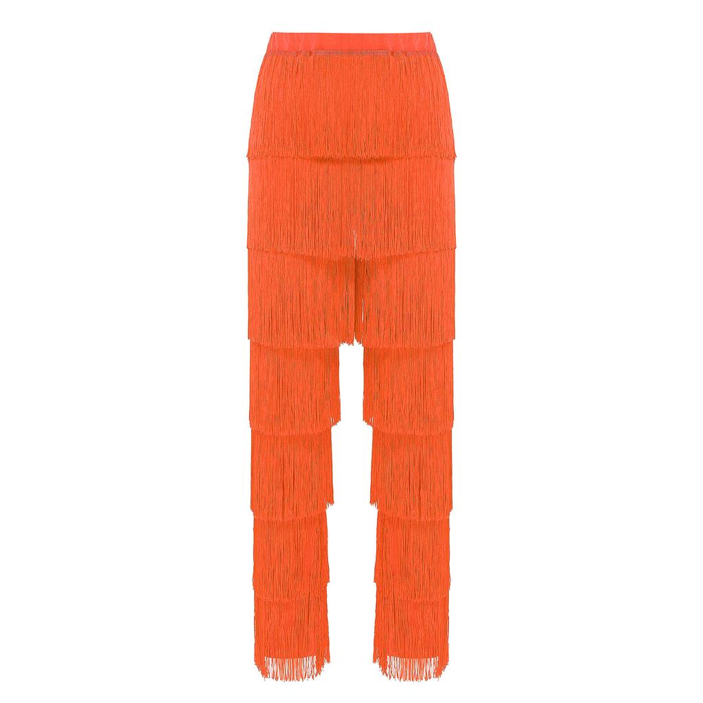 Womens Latin Dance Fringe Pants Elastic Waistband Contrast Color Tassel Trousers Cha Cha Tango Rumba