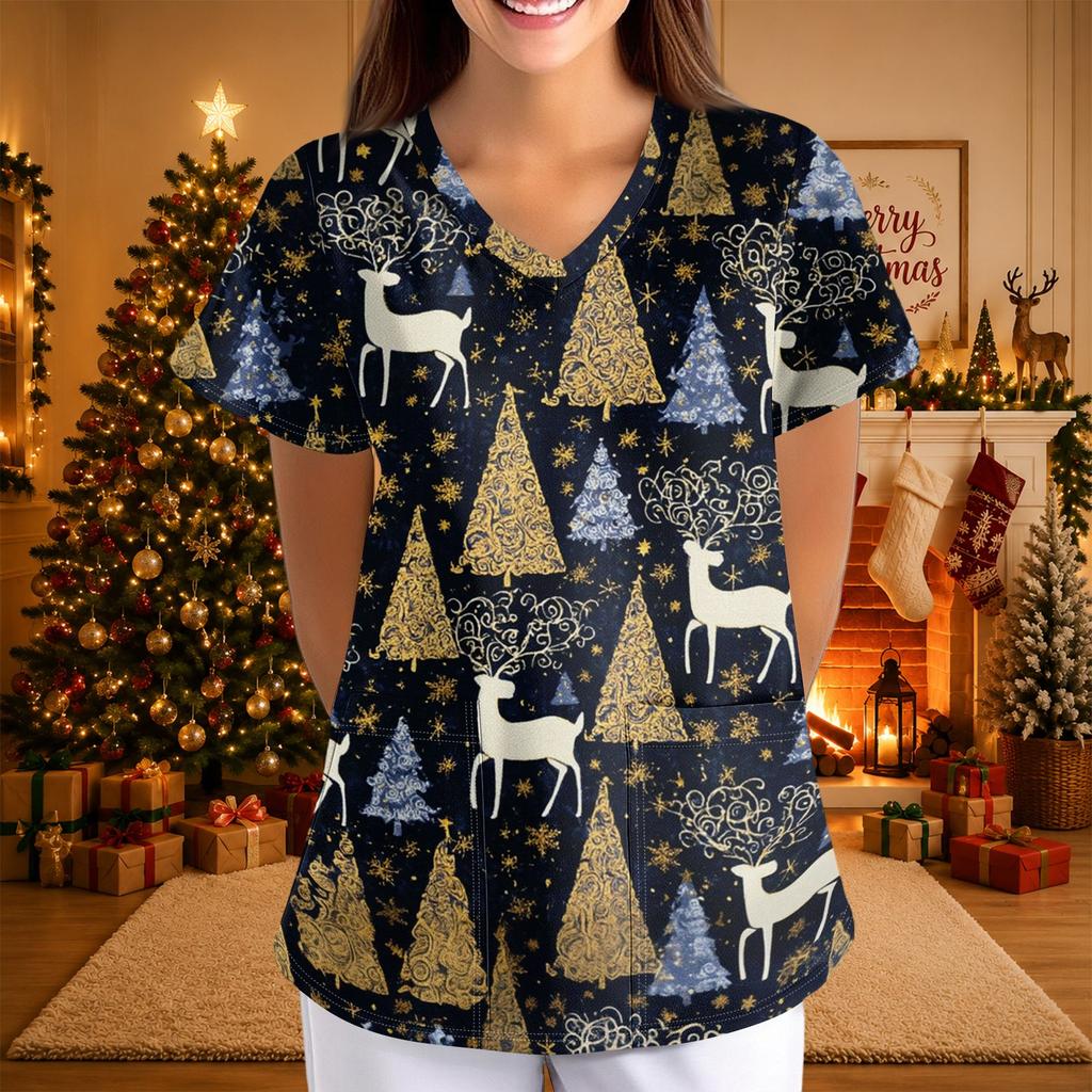 Women's Casual 3/4 Sleeve Neck Christmas Print Top for Holiday Parties