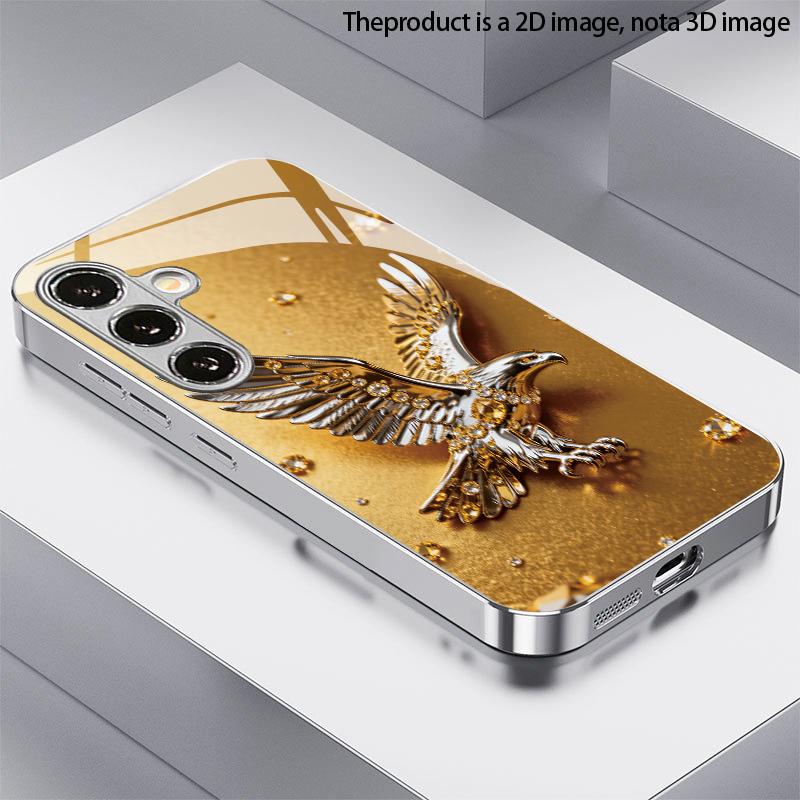 Gold Eagle Diamond-Encrusted 2D Phone Case for Samsung S26 S25 S24 S23 S22 S21 S20 A56 A36 A16 - Glass Protective Cover