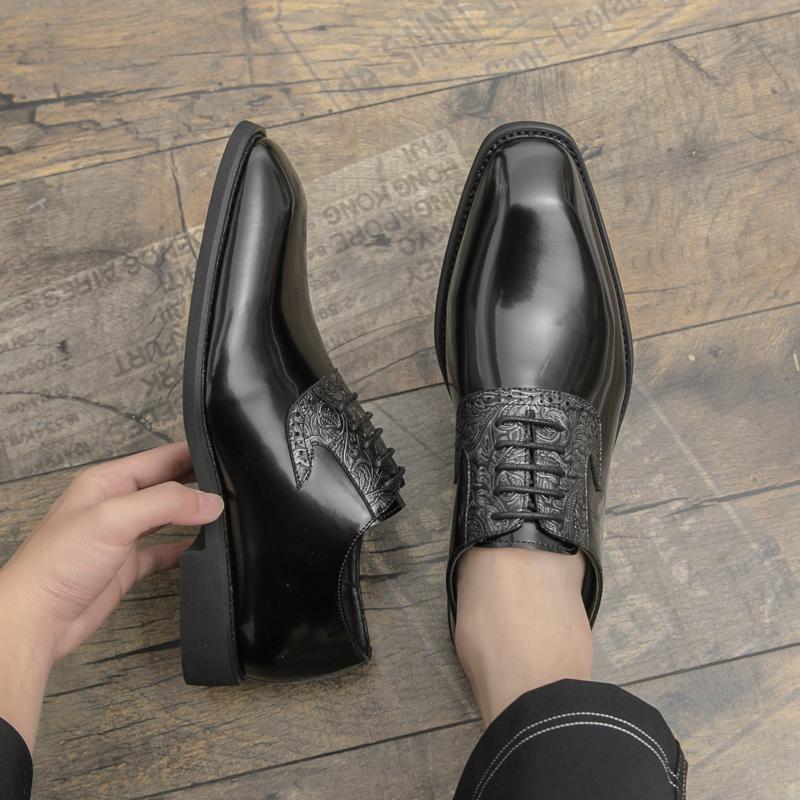 Brand Breathable Banquet Party Block Leather Shoes British Men Lace Up Comfortable Pointed Business Formal Leather Shoes