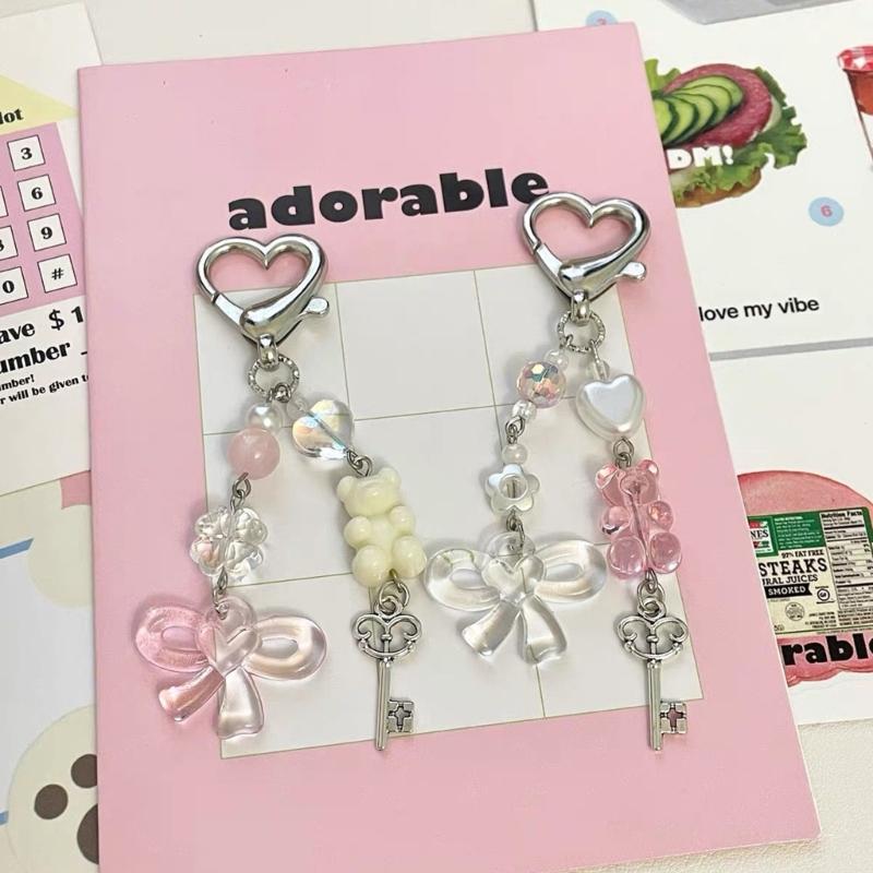 Bear Heart Bowknot Charm Keychains Sweet Cute Pendant Hanging Ornament Keyring Backpack Decoration for Women Girls