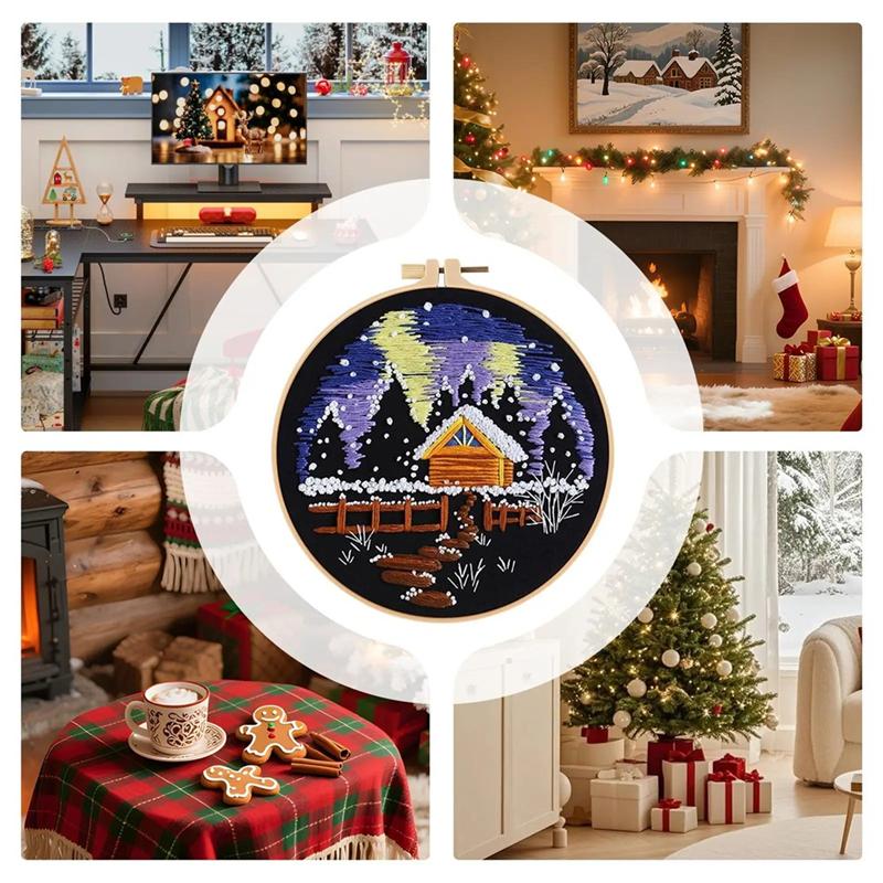 Snow Scene Embroidery Christmas Needlework Kit For Holiday Decorations For Kitchen Living Room Desktop Window Beginner Level A