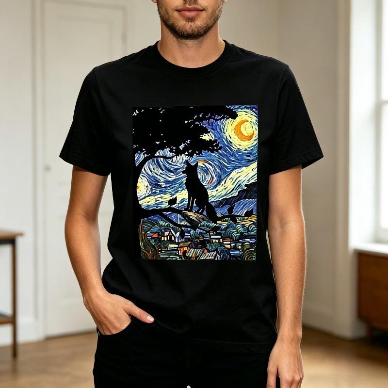 Starry Night Cat Graphic T Shirt for Unisex Unisex Vintage Style Short Sleeve Tee Shirt