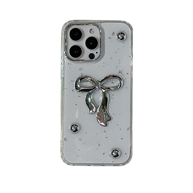 Applicable Iphone17Promax Silver Bead Silver Foil Mobile Phone Case Apple 16 Epoxy Transparent Wind Bow 15