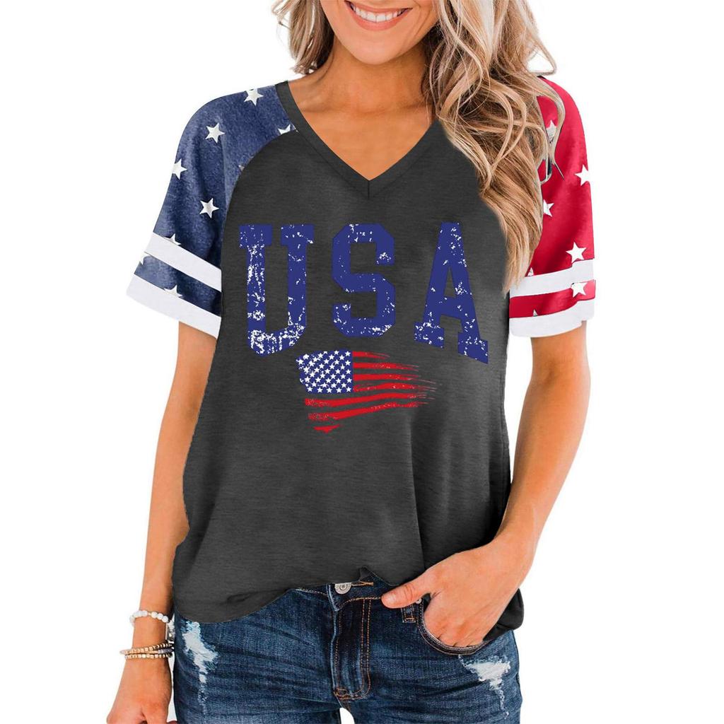 Damen V-Ausschnitt Pullover Kurzarm Lässiges T-Shirt USA Print Raglanärmel Oberteil Sommer T-Shirt