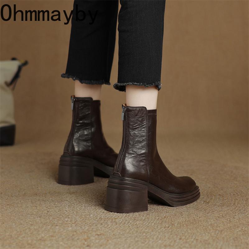 Vintage Platform Heels Women Ankle Boots Fashion Round Toe Stretch Slim Short Booties Shoes  Mujer