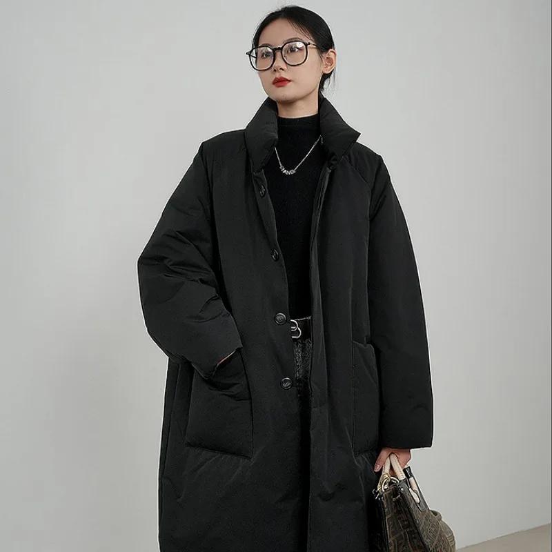 

Зимние длинные парки Женская одежда Ветрозащитная верхняя одежда Теплая толстая куртка с хлопковой подкладкой Однобортное пальто от холода Стеганая куртка L чёрный