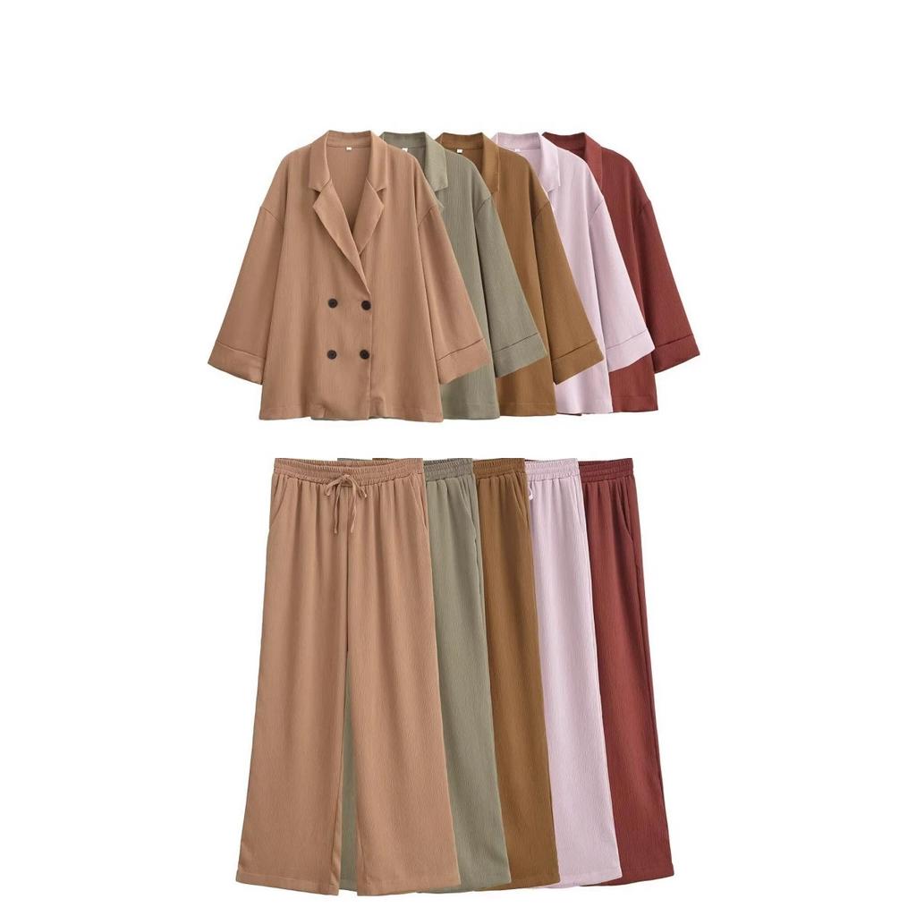 Summer Women's Wrinkle Effect Suit Jacket + Pants Suit Women