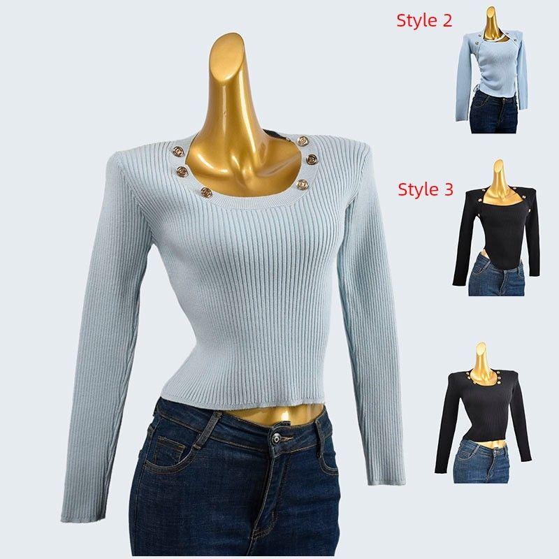 Autumn and Winter Thick Round Neck Short Long-Sleeved Knitting Sweater Sunken Stripe Stretch Pullover Pure Color Bottoming Shirt Women's Clothing