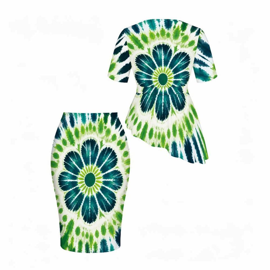 Women Plus Size Dark Green Shamrock Printed Round Neck Short Sleeve Asymmetric Top And Fitted Skirt Two Piece Set