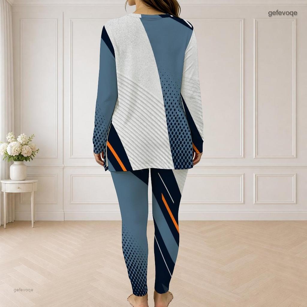 Women Plus Size Half Zip Long Sleeve Radial Geometric Printed Two Piece Set Black White Orange Longline Top Fitted Pants