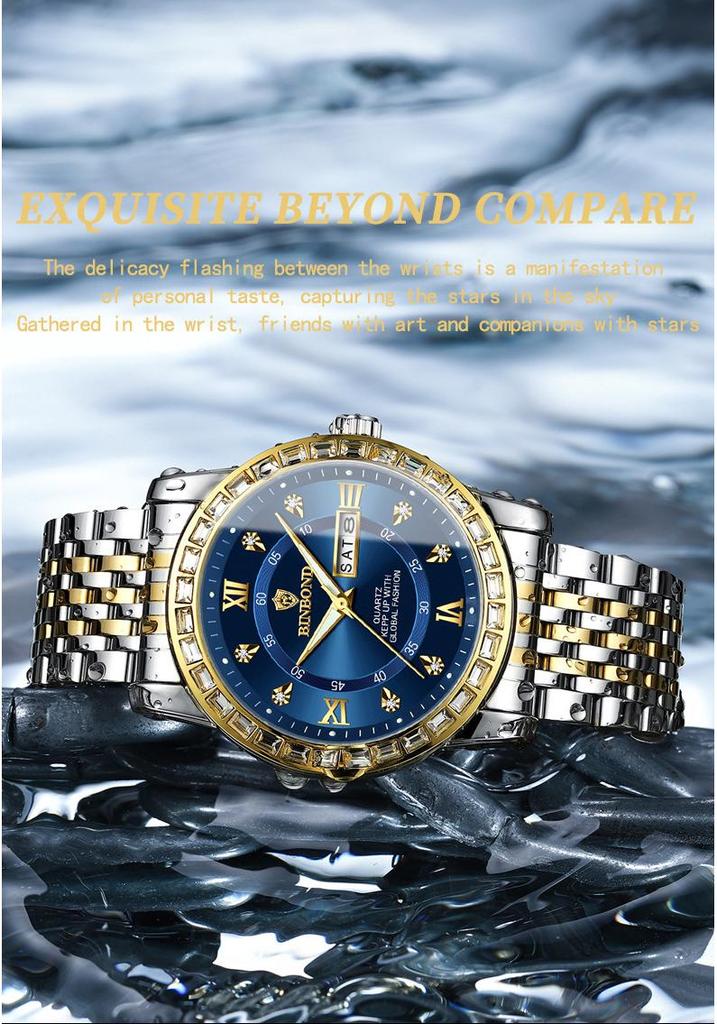 Men's Genuine Diamond-Inlaid Mechanical Watch – Trendy, Waterproof, Double Calendar, Luminous Quartz.