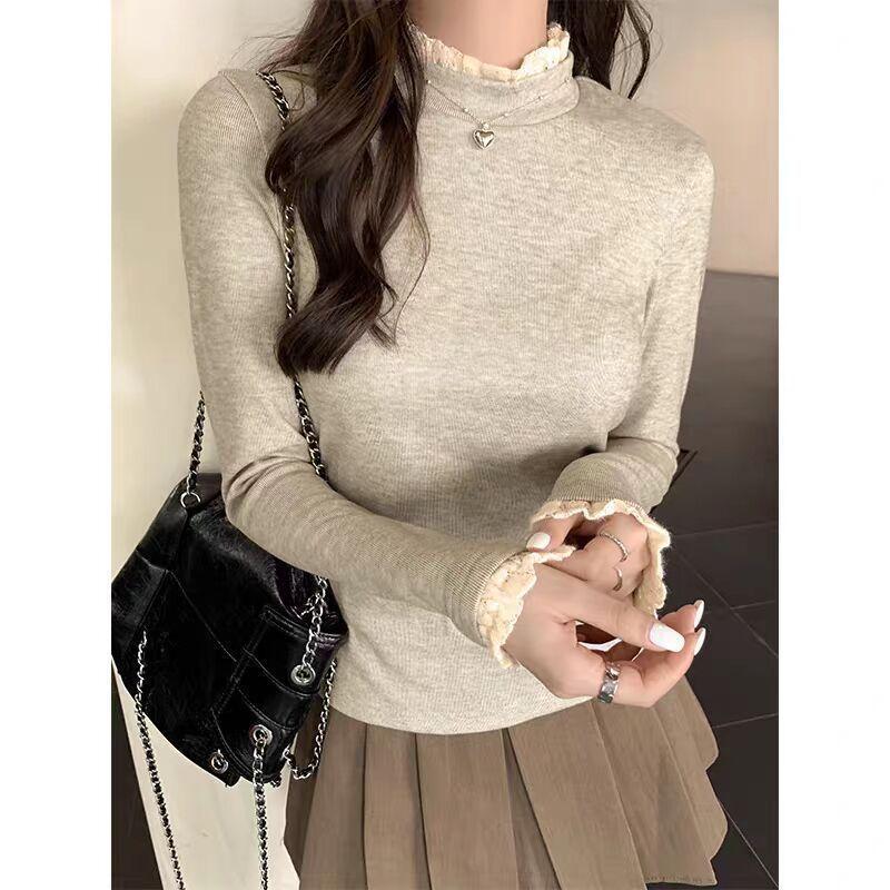 270g Lambswool Lace High-Collar Long-Sleeve T-Shirt for Women's Autumn/Winter