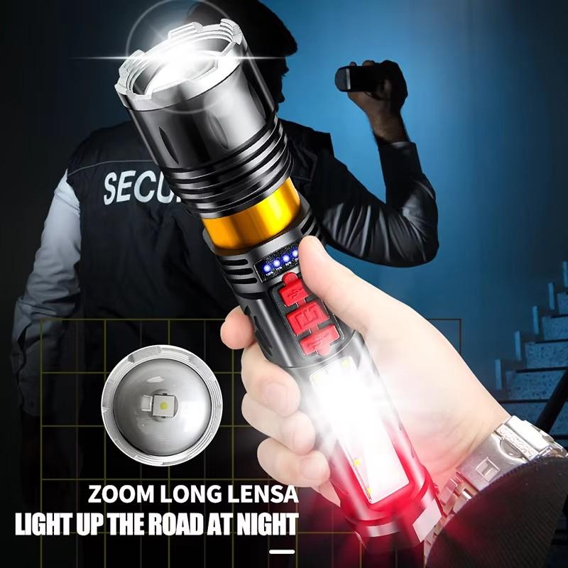 Multi-Functional LED Flashlight Strong Light Tactical Zoom Torch Built-in Battery USB Rechargeable Outdoor Emergency Lantern