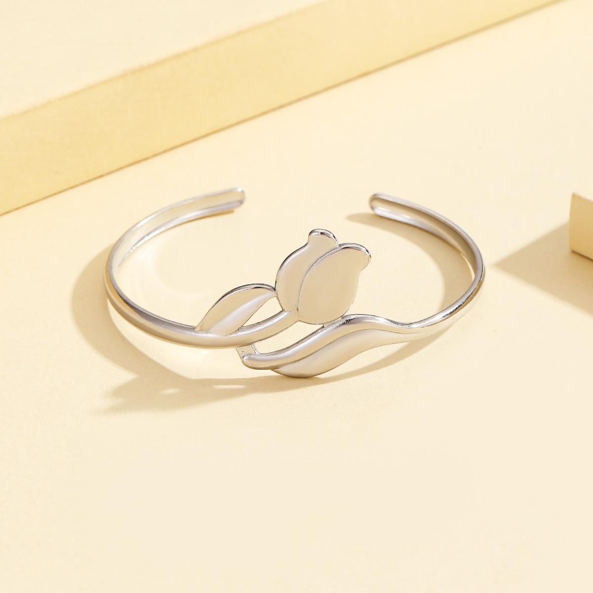 Sweet Rose Flower C-Shaped Stainless Steel Adjustable Bracelet