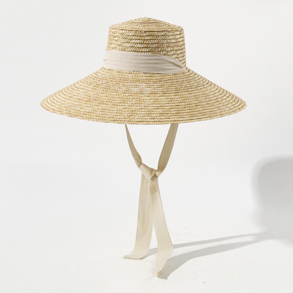 European American Long Streamer Wide Brim Straw Hat for Women, Large Beach Sun Cap with Wheat Straw, Vacation